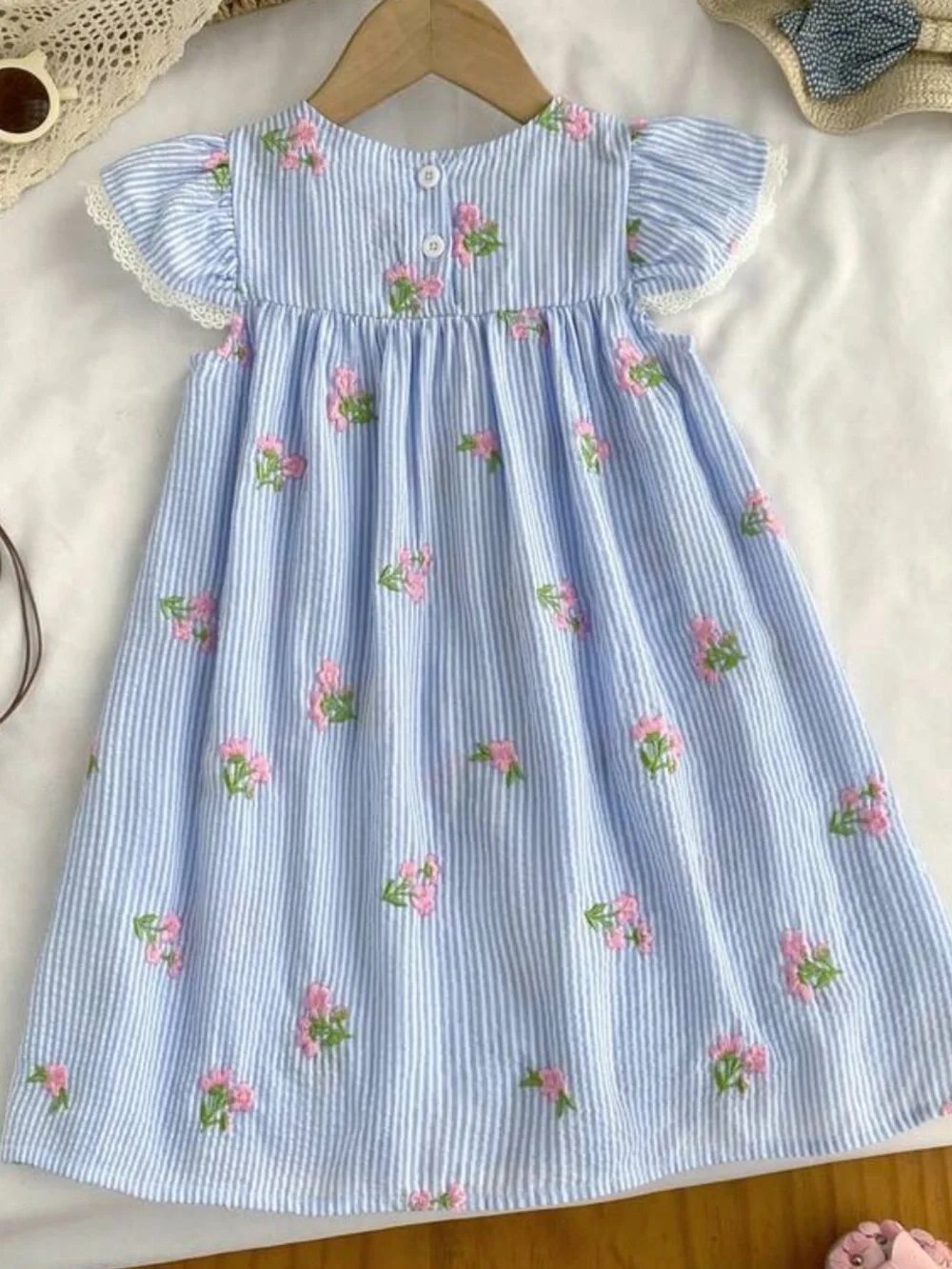Toddler Blue White Seersucker Embroidered Pink Flowers Lace Ruffle Sleeve Dress